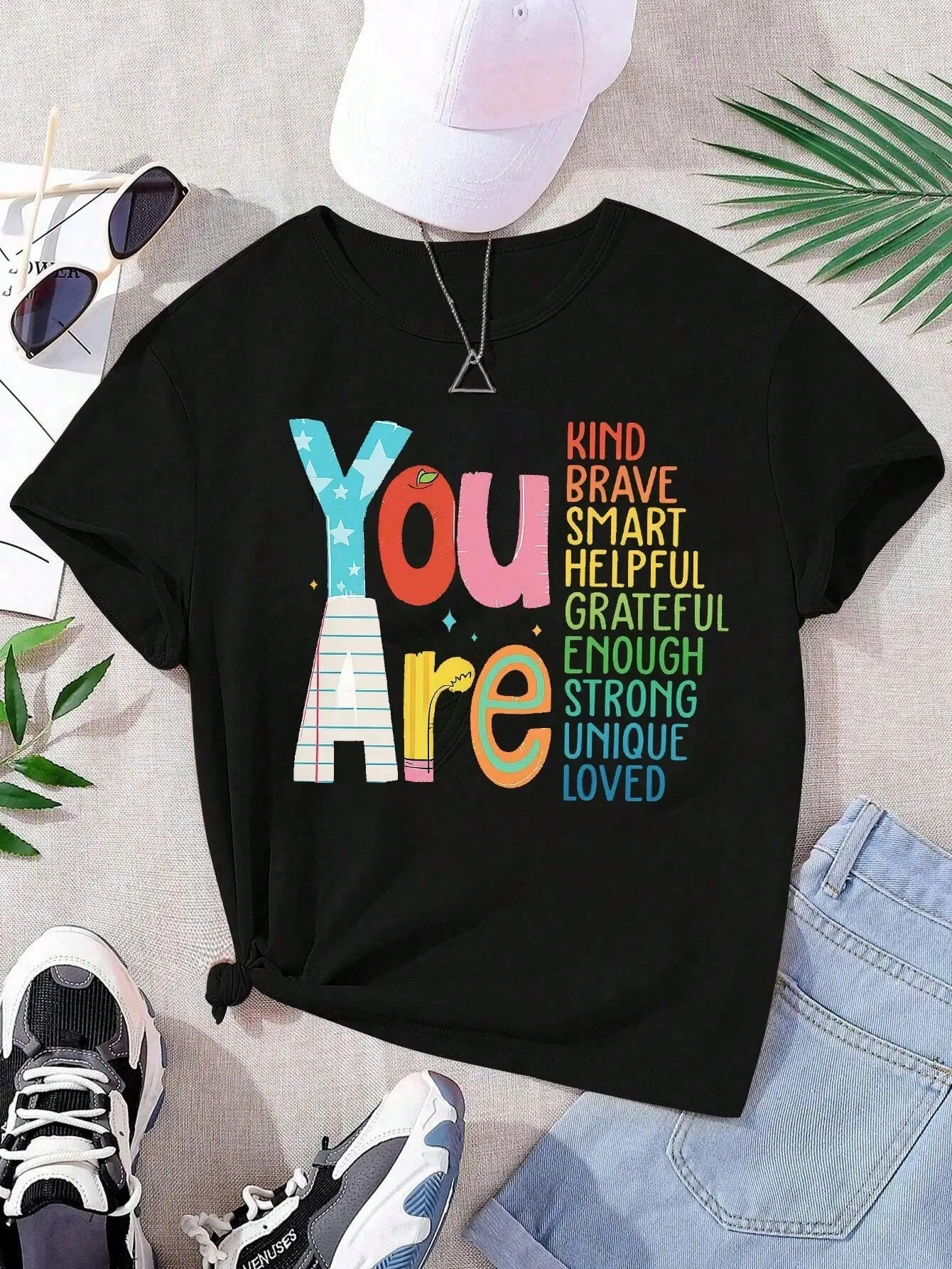Girls & Teenagers Students Casual Printed Black Crew Neck Short Sleeve T-Shirt Top, Summer