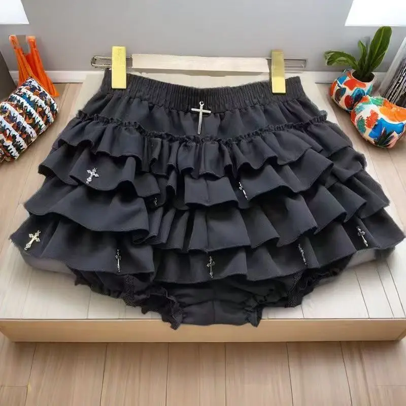 Women Skirts Tiered Ruffles Mini Skirt Cross Charms Built-in Shorts Kawaii Japanese Skort Gothic Punk Y2K Girl Harajuku 90s Sexy - Image 2