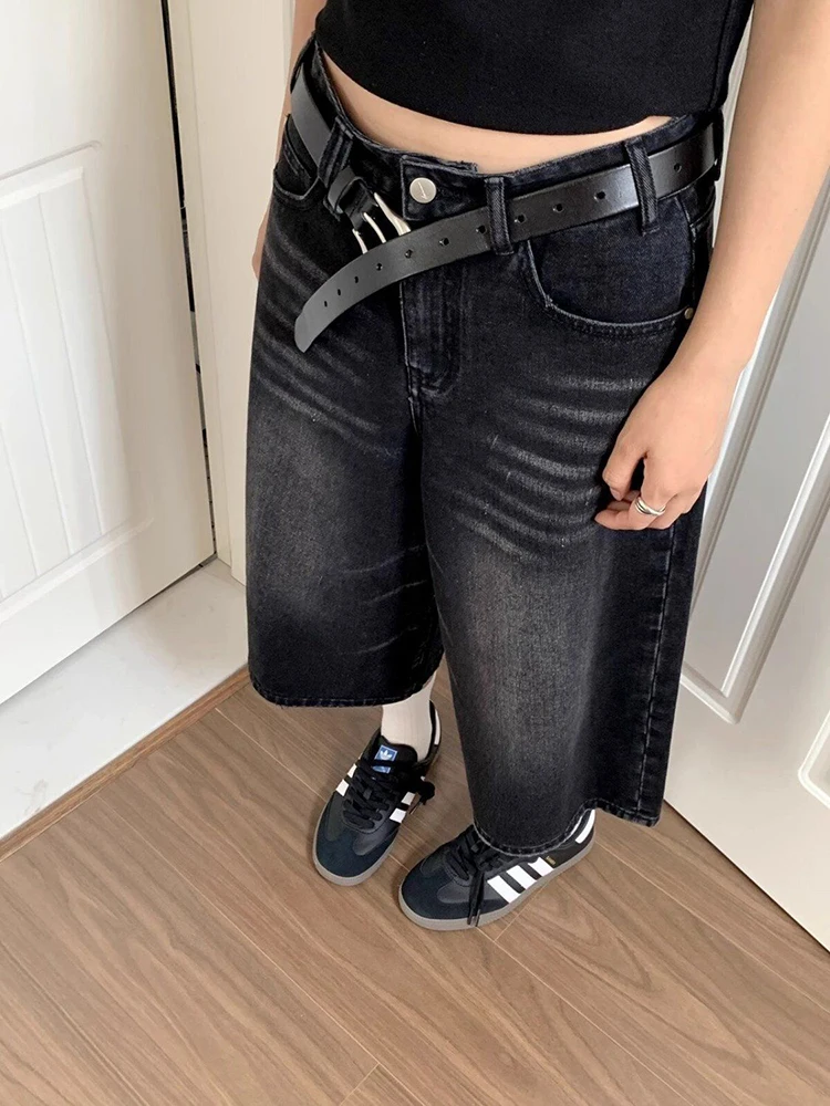 High Waist Black Retro Washed Denim Shorts Women's Harajuku Vintage Fashion Casual Loose Y2K Streetwear Mid Long Wide Leg Pants - Image 2