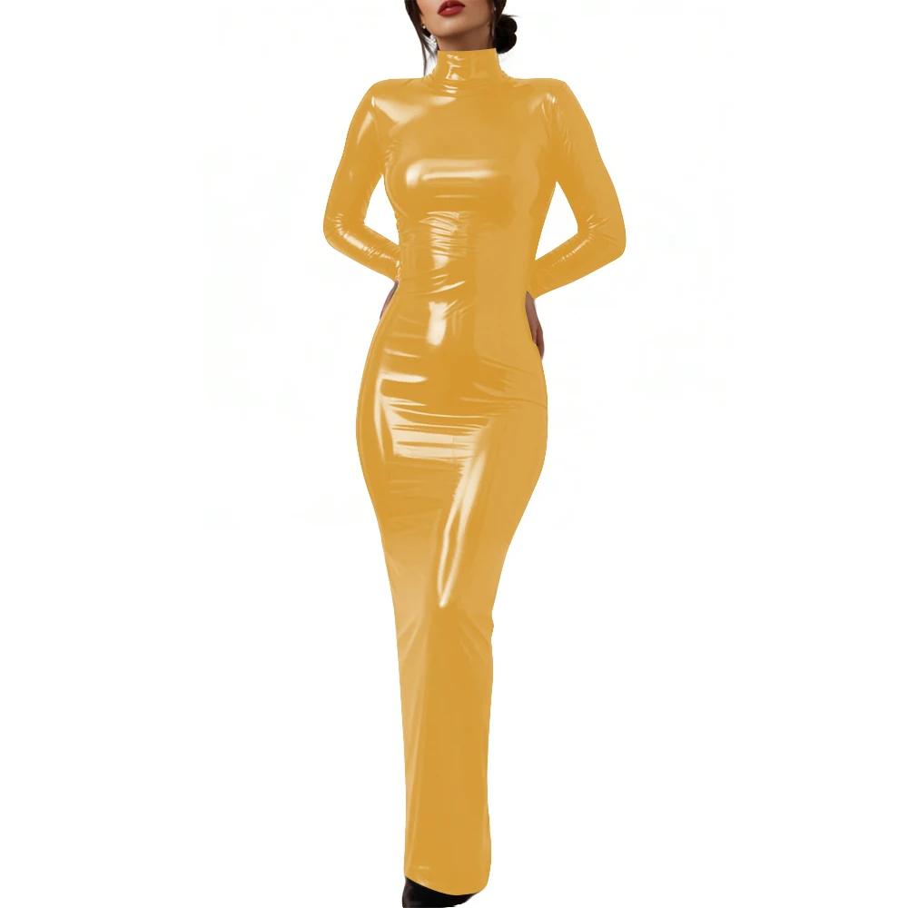Plus Size Vintage Movie Glossy PVC Dress Gothic Lock Back Cosplay Old Hollywood Bodycon High Neck Costume Gown Sexy Party Dress - Image 5