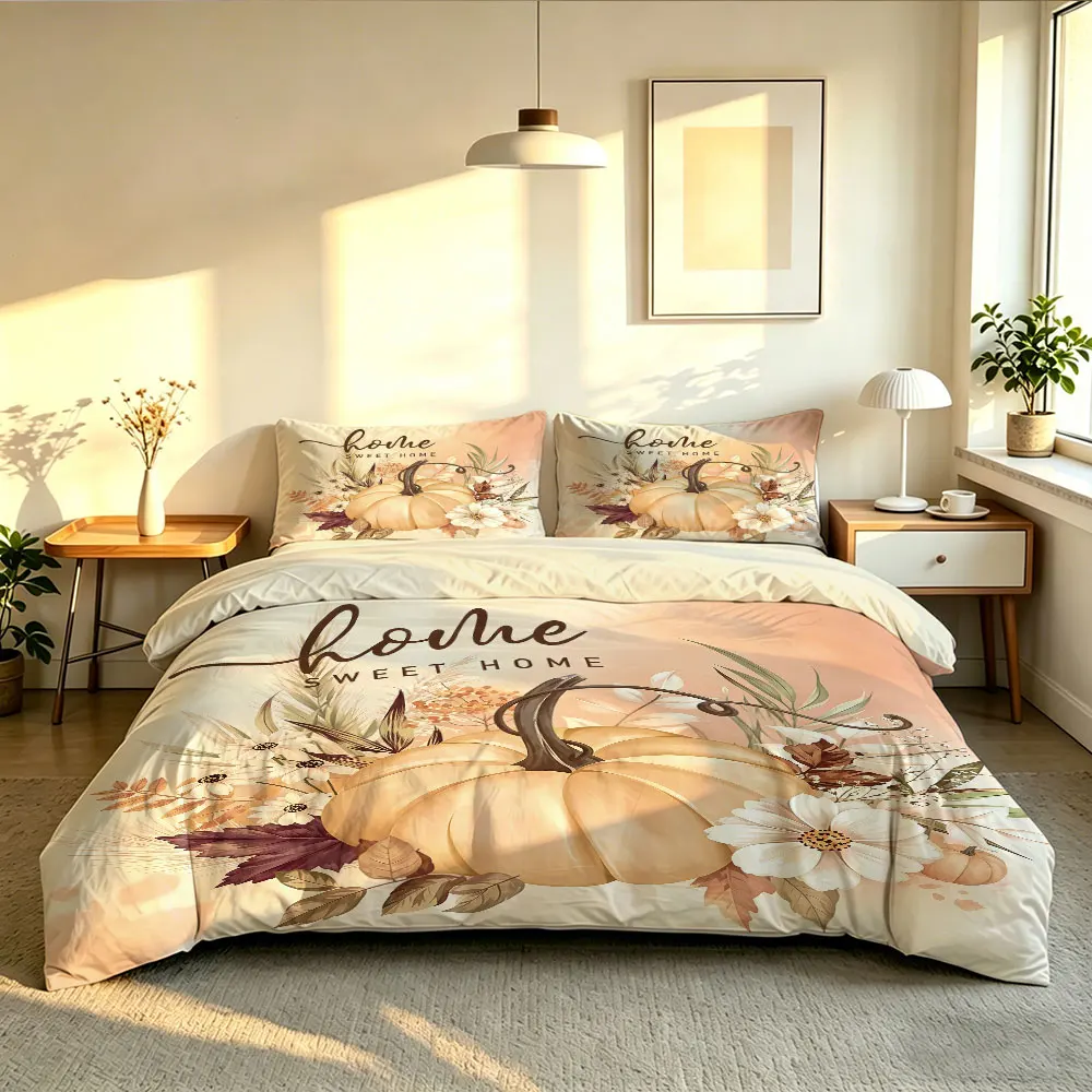 Vintage Fall Pumpkin Home Sweet Home 3Pcs Duvet Cover Set Floral Harvest Bedding Set Soft Farmhouse Bedroom Decor - Image 5