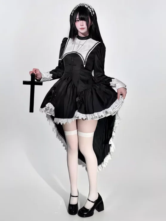 Plus Size Temperament Japanese Gothic Punk Subculture Dark COS Dress Fashion High Waist A-line Halloween Nun Irregular Dresses - Image 6