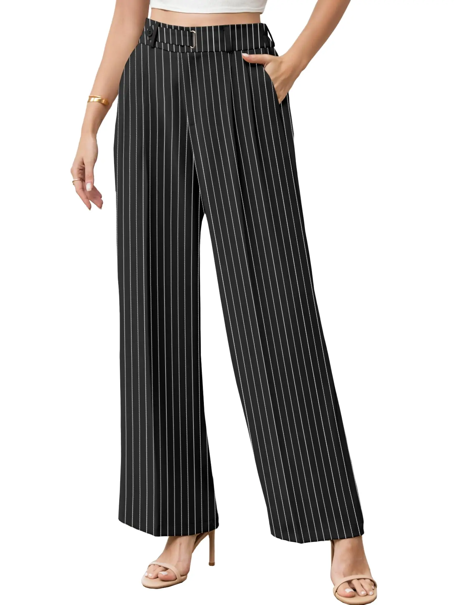 Women Stripe Wide Leg Pants High Waist Luxury Dress Trousers Elegant Business Work Wear