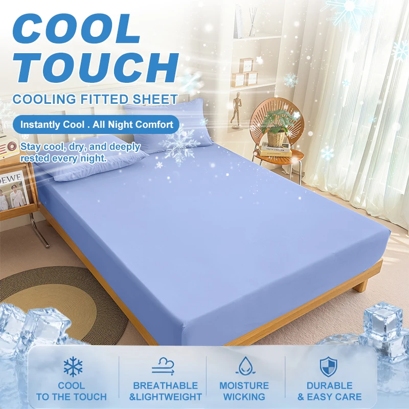 Summer Cooling Fitted Sheet Breathable Fabric With Elastic Band Solid Color Skin-friendly Fitted Sheet Cooling For Night Sleep - Image 5