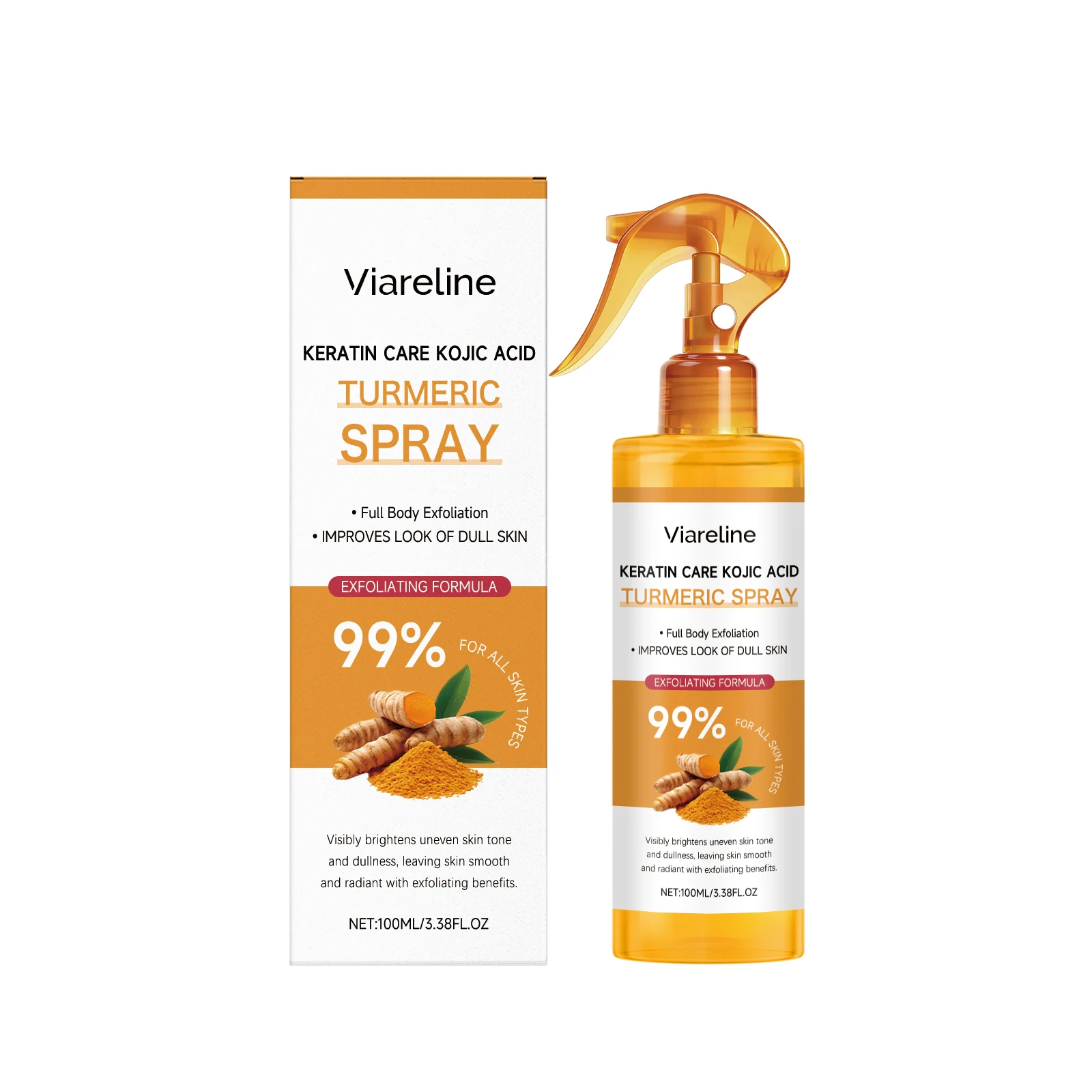 Viareline Turmeric Kojic Acid Exfoliating Body Spray, Keratin Care Brightening Mist for Dull Uneven Skin Tone, Deep Hydrating Moisturizing Skin Care Spray, Gentle Full Body Exfoliator for All Skin Types, 100ml Nourishing Skin Smoothing Treatment Spray