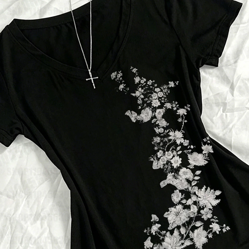 Women American Vintage Flower Print T-shirt Summer Grunge Retro Slim Fit Tees Y2K Harajuku Grunge Short Sleeve Hottie Tops New - Image 4