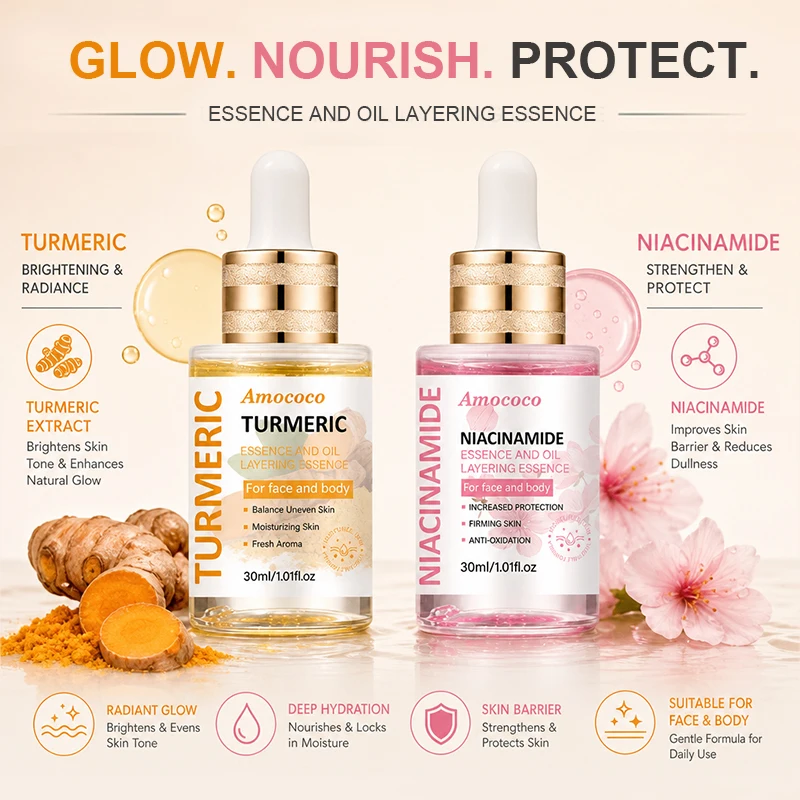 Amococo 2pcs Turmeric Niacinamide Serum Oil 30ml Water Oil Layered Essence for Face and Body Moisturizing Facial Serum with Vitamin C Hyaluronic Acid Turmeric Extract Niacinamide Lightweight Daily Skin Care