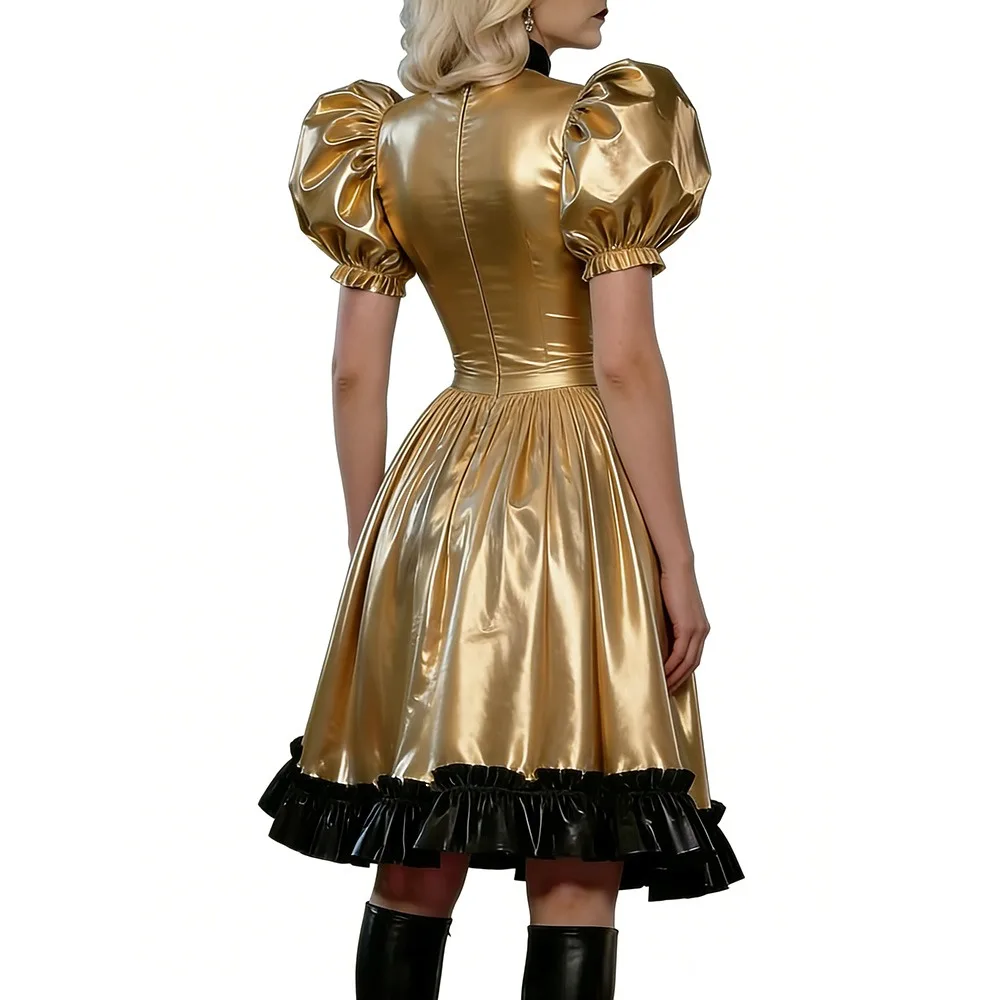 Plus Size Gothic Women Shiny PVC Leather Mid Dress Puff Short Sleeve Stand Collar Black Ruffle Trim A-line Dresses Party Outfit - Image 2