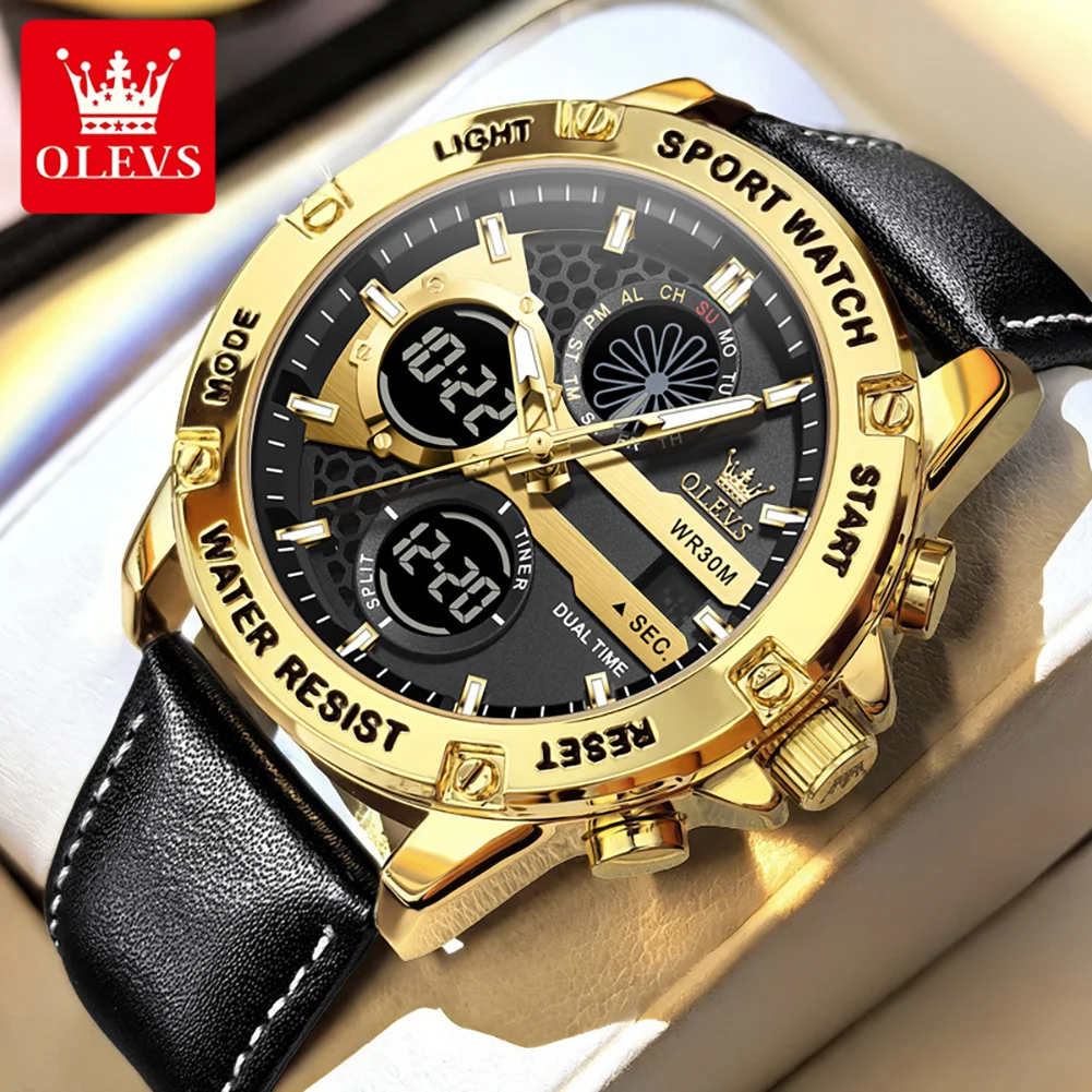 OLEVS 1110 Mens Watch Sports Original Quartz Movement Watch Waterproof Luminous Leather Strap Week Watches For Men Reloj Box