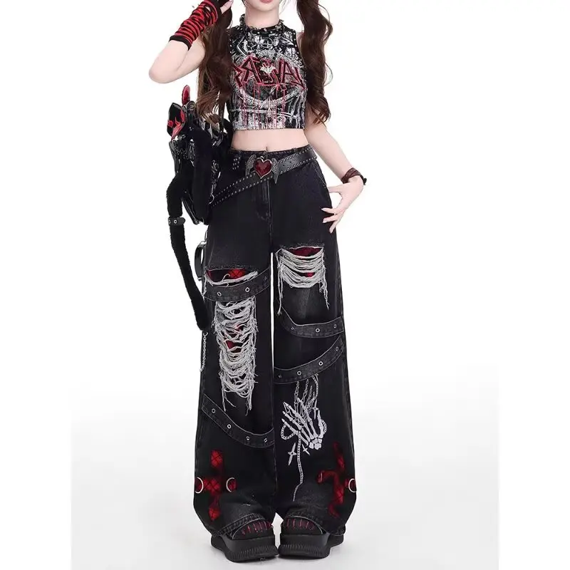 American Style Spicy Girl Loose Lazy and Relaxed Denim Pants Female punk Retro Washed Fashionable Versatile Casual Pants - Image 3