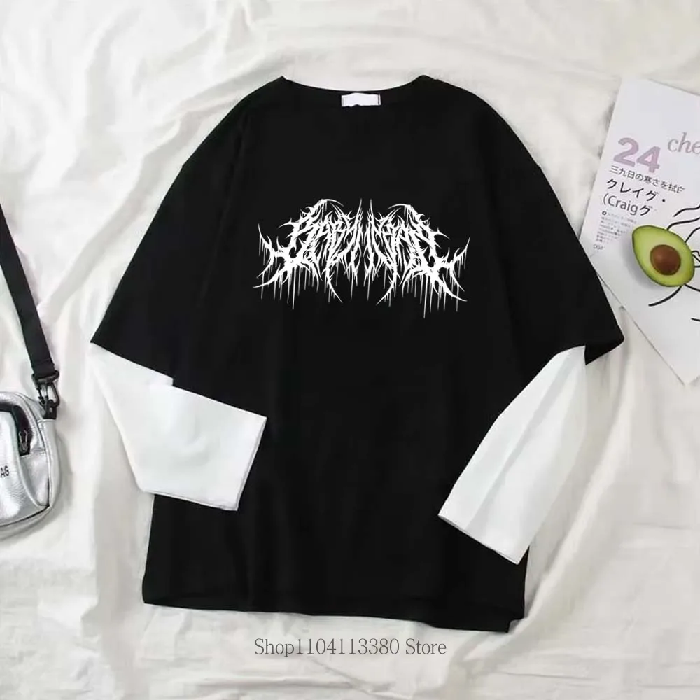 Women Line Print Graphic Fake Two Long Sleeved T-shirts Fashion Gothic Retro Casual Loose Fake Two Long Sleeved T-shirt - Image 3