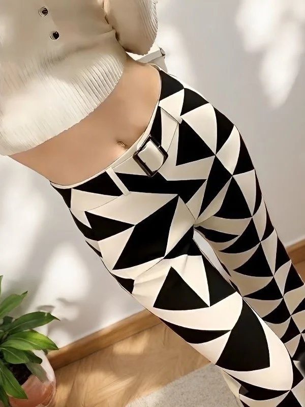 Gothic Style Casual High Waist Slimming Diamond Pattern Bell Bottom Pants plus Size Long Trousers Fashionable All-Match Ladie...