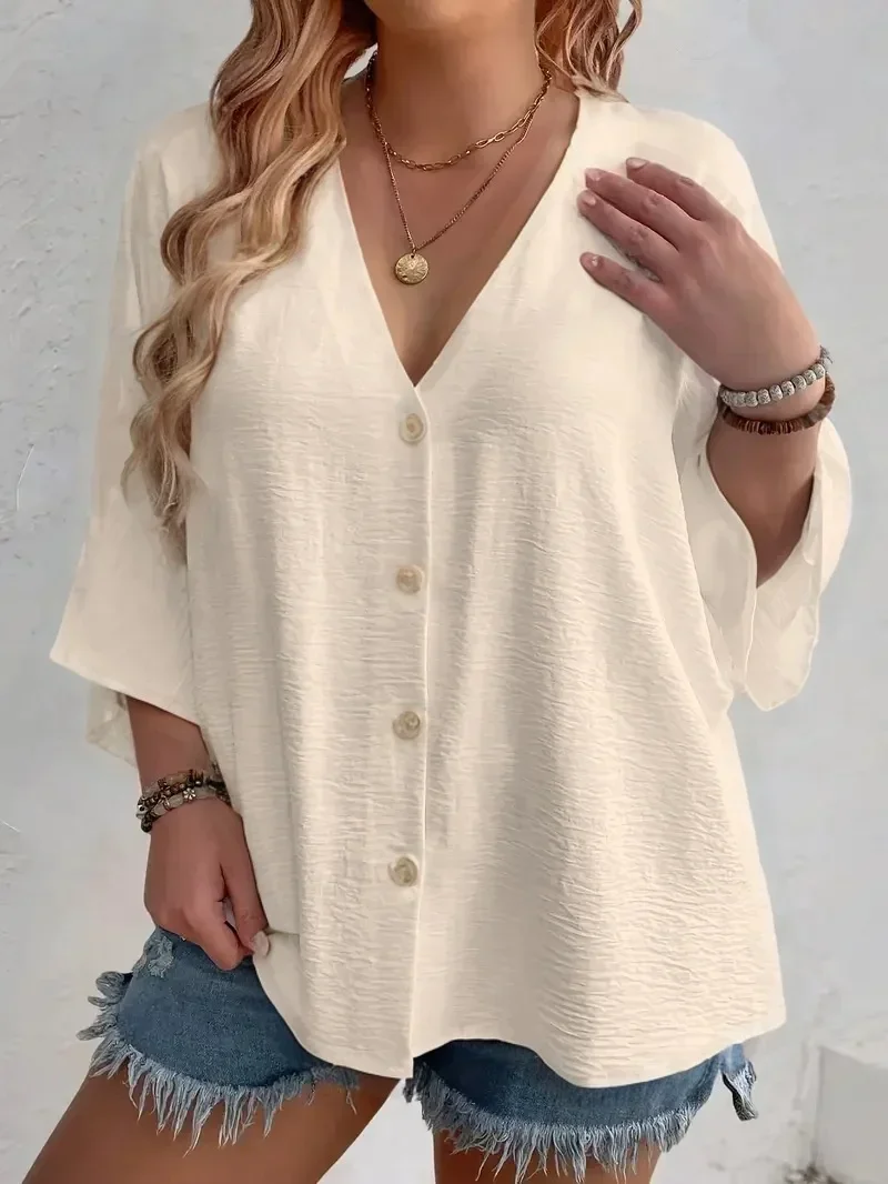 Plus-size Women's T-shirt Solid Color Breathable Spring/summer V-neck Button Travel Casual Wear with European and American Style