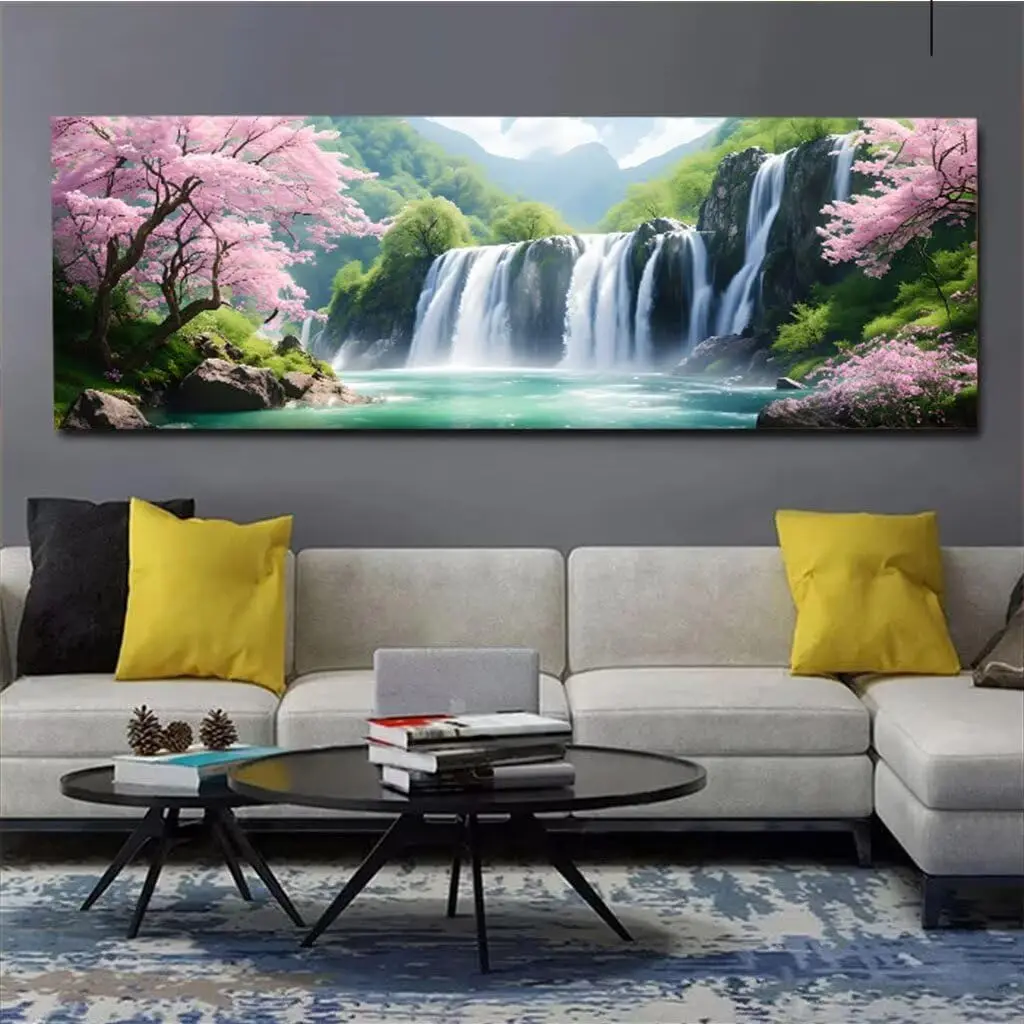 Large Diamond Painting Waterfall Diamond Art Kits for Adults,5D Diamond Art Painting Cherry Blossoms Diamond Painting Kit,DIY Paint with Diamonds Pictures Gem Art Paintings 24x72inch,Room Decor H1-744 60x180cm - Image 2