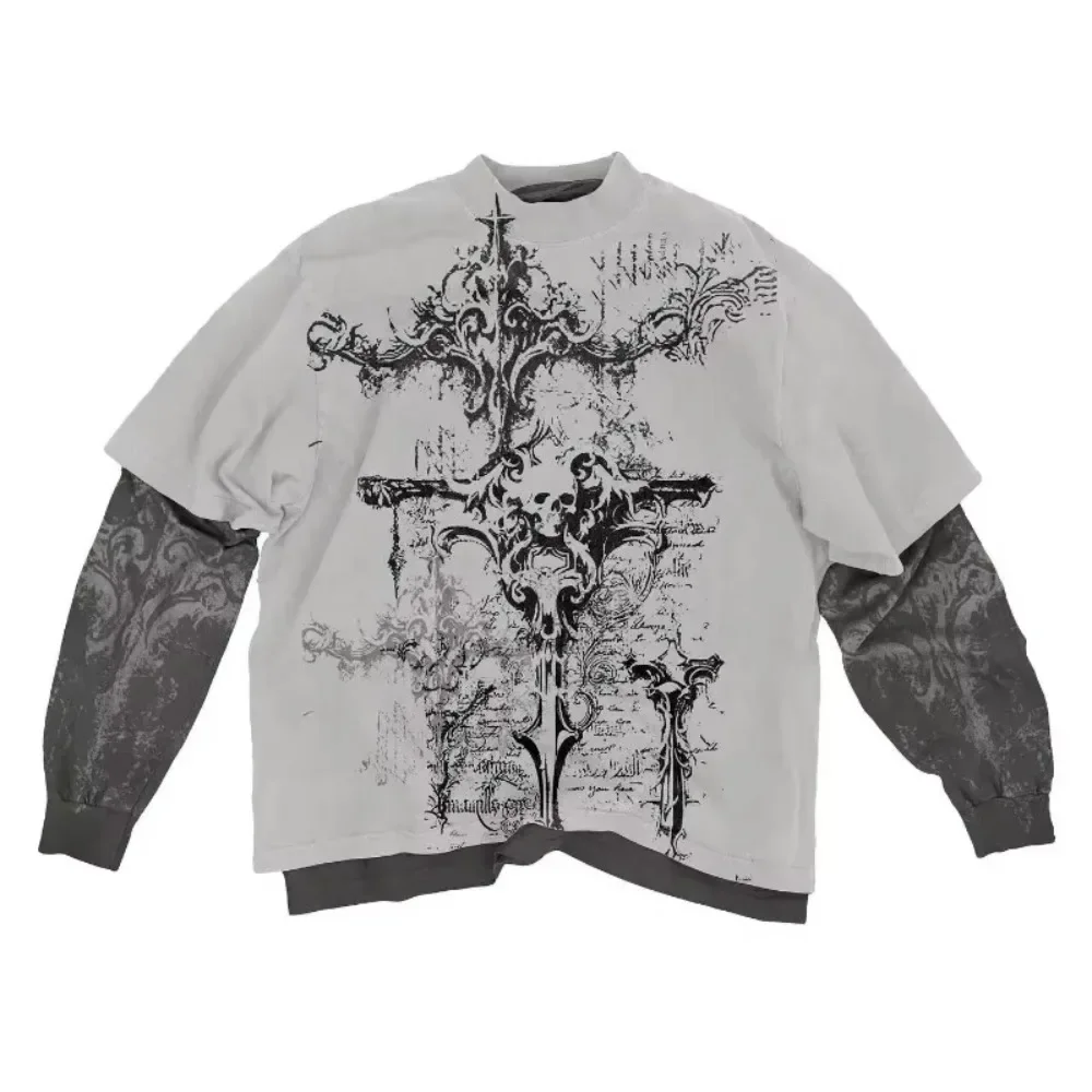Y2K American Skull Pattern Long sleeved T shirt Fashion Round Neck Oversized T shirt New Mens Womens Casual Gothic Clothing Tops - Image 2