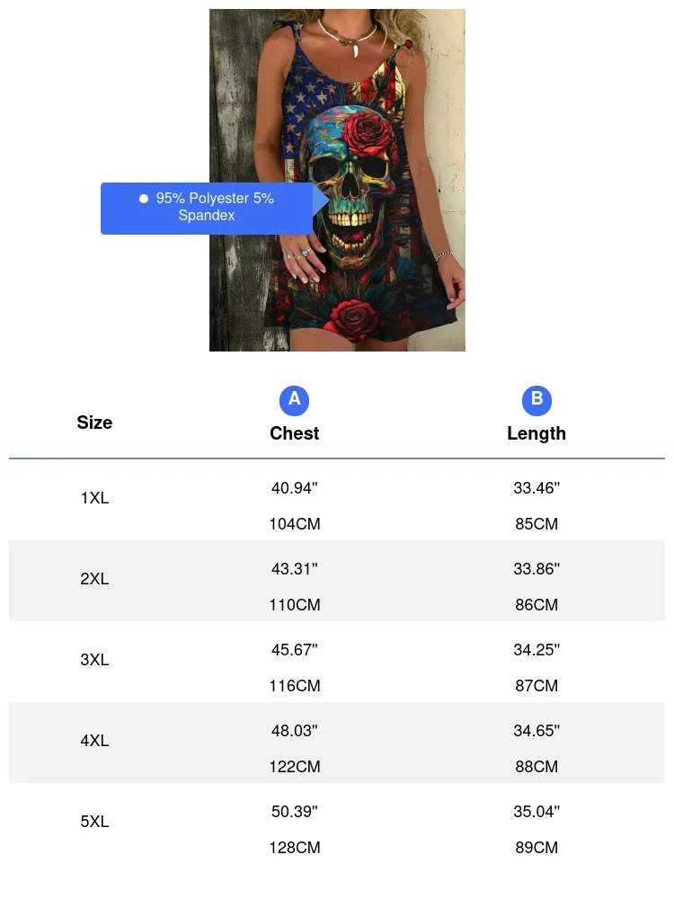 Women's Plus Size Independence Day Skull Print Cami Dress, Casual Crew Neck Lace Up Strap Dress For Spring & Summer Clothing - Image 4
