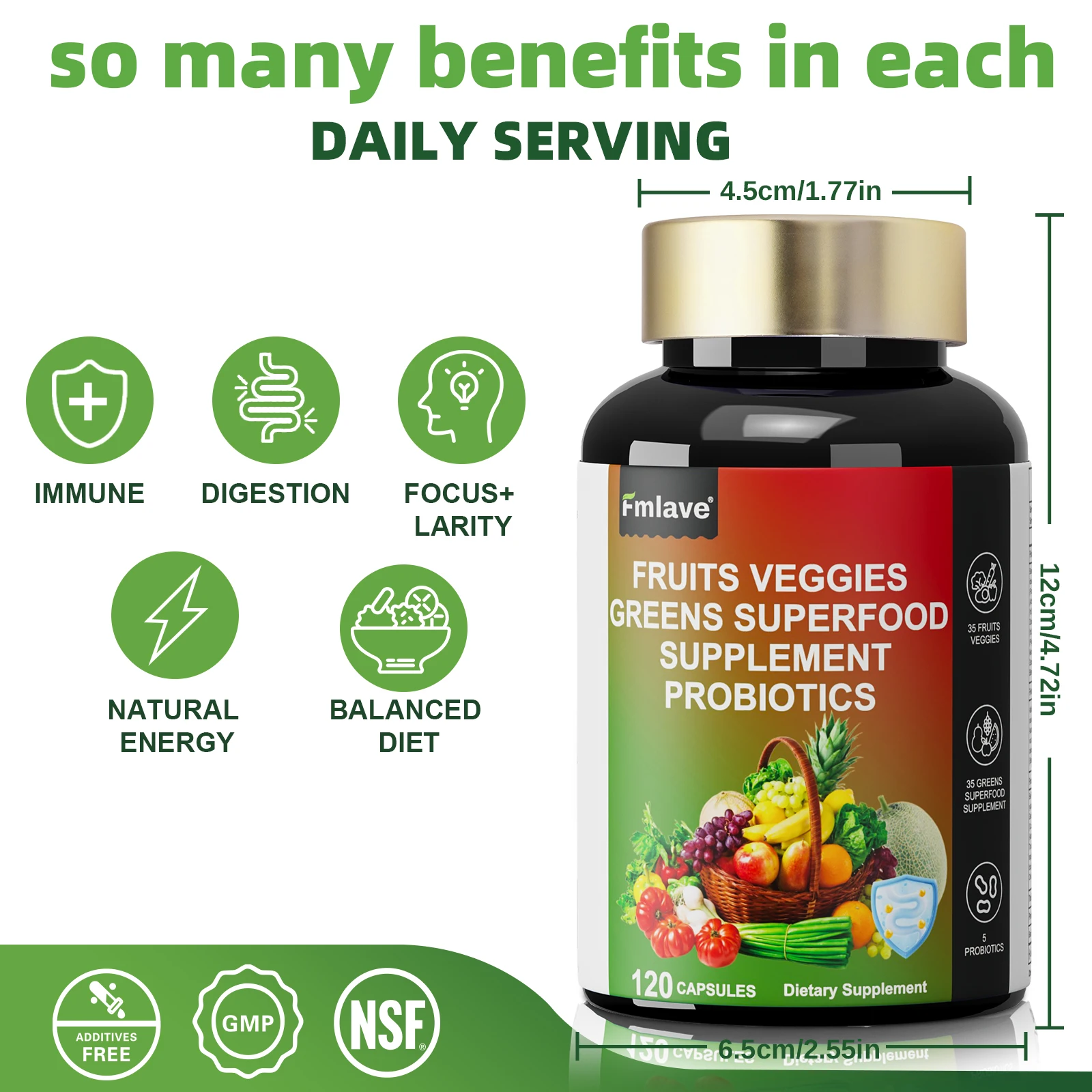 Fmlave Fruits and Veggies Supplement Reds & Green Superfood - Balance of Over 70 Fruit & Vegetable Supplements Capsules with Probiotics Prebiotics Digestive --120Caplules - Image 3