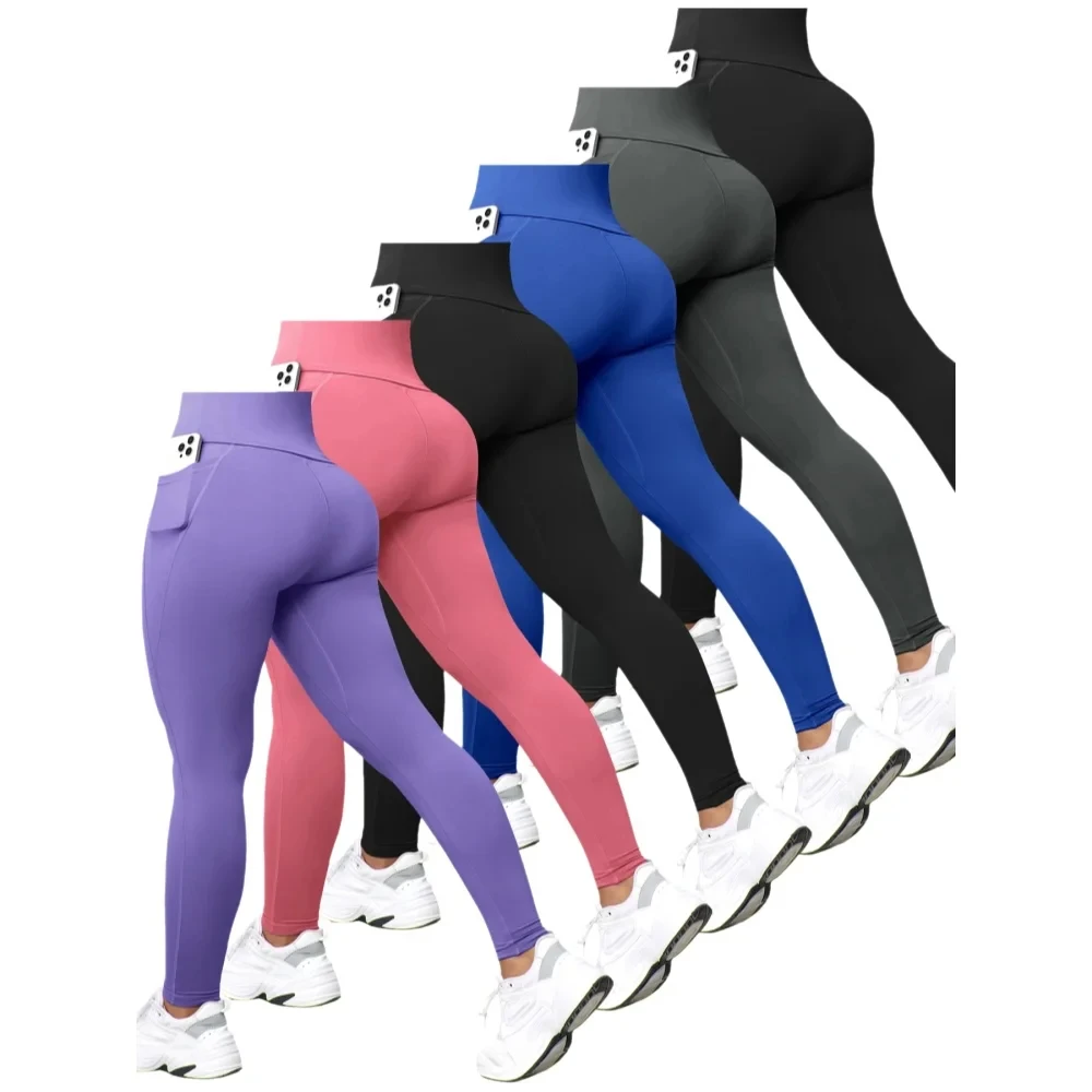 1/2/3/4PCS Women's High Waist Yoga Pants With Pocket Slim Leggings Tummy Control Lift Hips Running Workout Activewear Pants