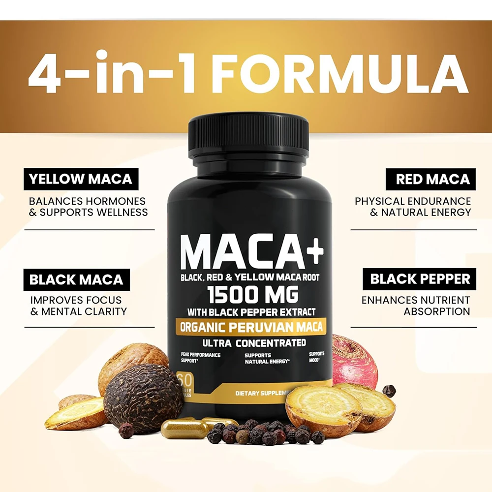 Organic Maca Root Powder Capsules 1500mg with Black+Red+Yellow Peruvian Maca Root Supplement for Men and Women - Vegan Pills - Image 4