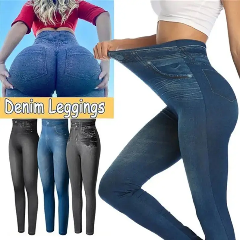 2024 Push Up Seamless High Waist Faux Denim Leggings Women Casual Elastic Pocket Jeans Print Pants Skinny Pencil Leggins Mujer - Image 2
