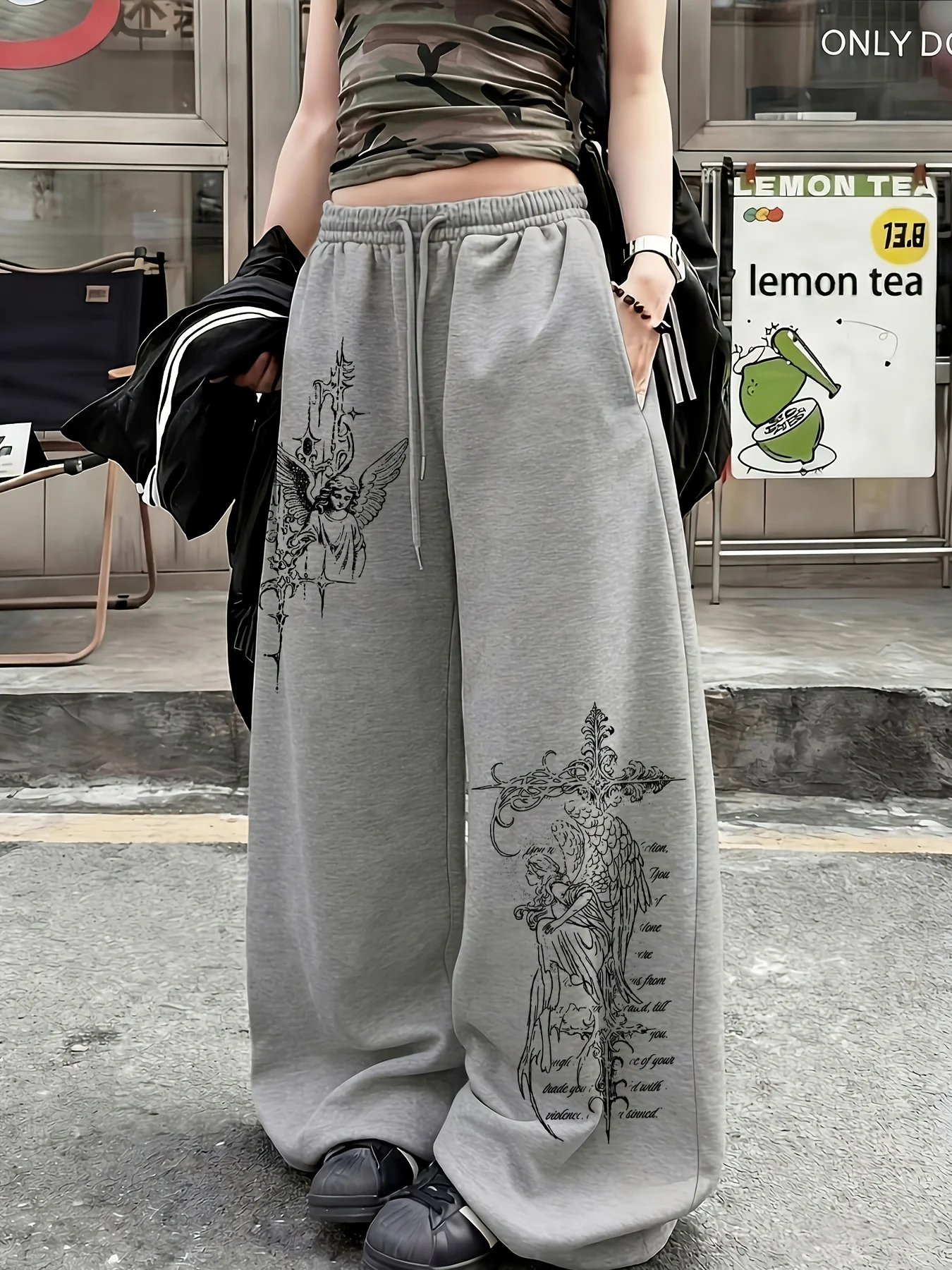 New Women's Plus Size Gothic Angel Print Pants Fleece Elastic Waist Straight Leg Sweatpants Fashionable and Versatile
