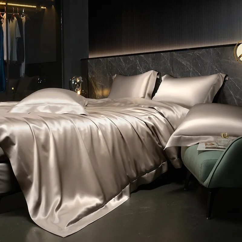 Solid 4pcs Silk Bedding Set with Duvet Cover Fitted/Flat Bed Sheet Pillowcase Bedspreads and Coverlets Single Double Bedsheet