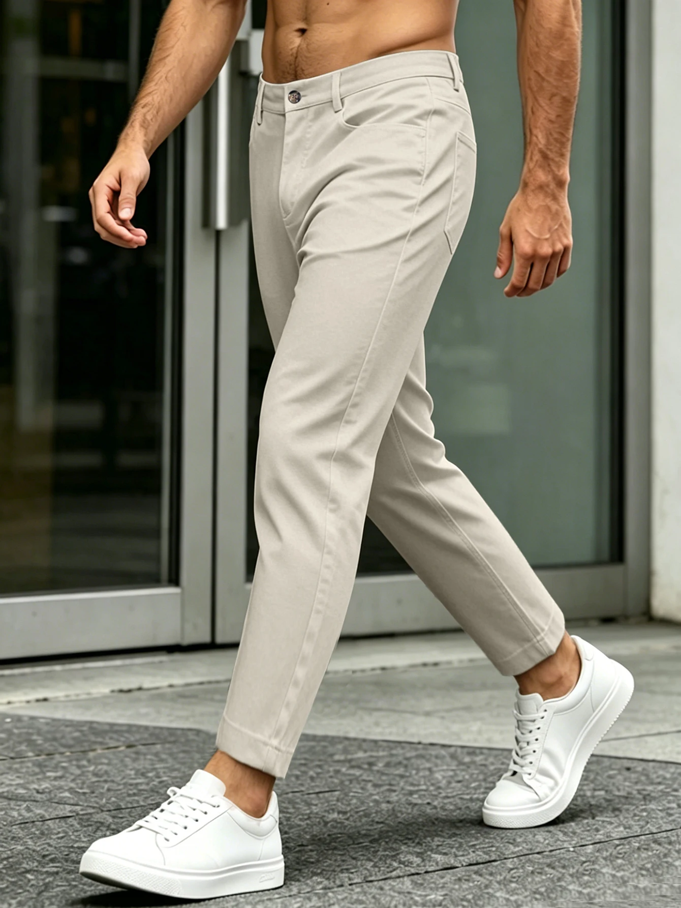 Men Slim Fit 5 Pocket Tapered Ankle Cropped Chino Pants, Wrinkle Resistant Polyester Solid Apricot Business Casual Trousers - Image 6