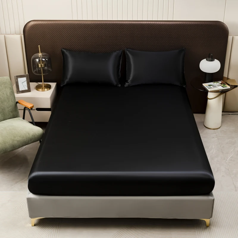 1Pc Satin Fitted Sheet Solid Colour Twin Full Queen Ice Silk Mattress Cover Natural With Elastic Band Bed Sheet (No Pillowcase)