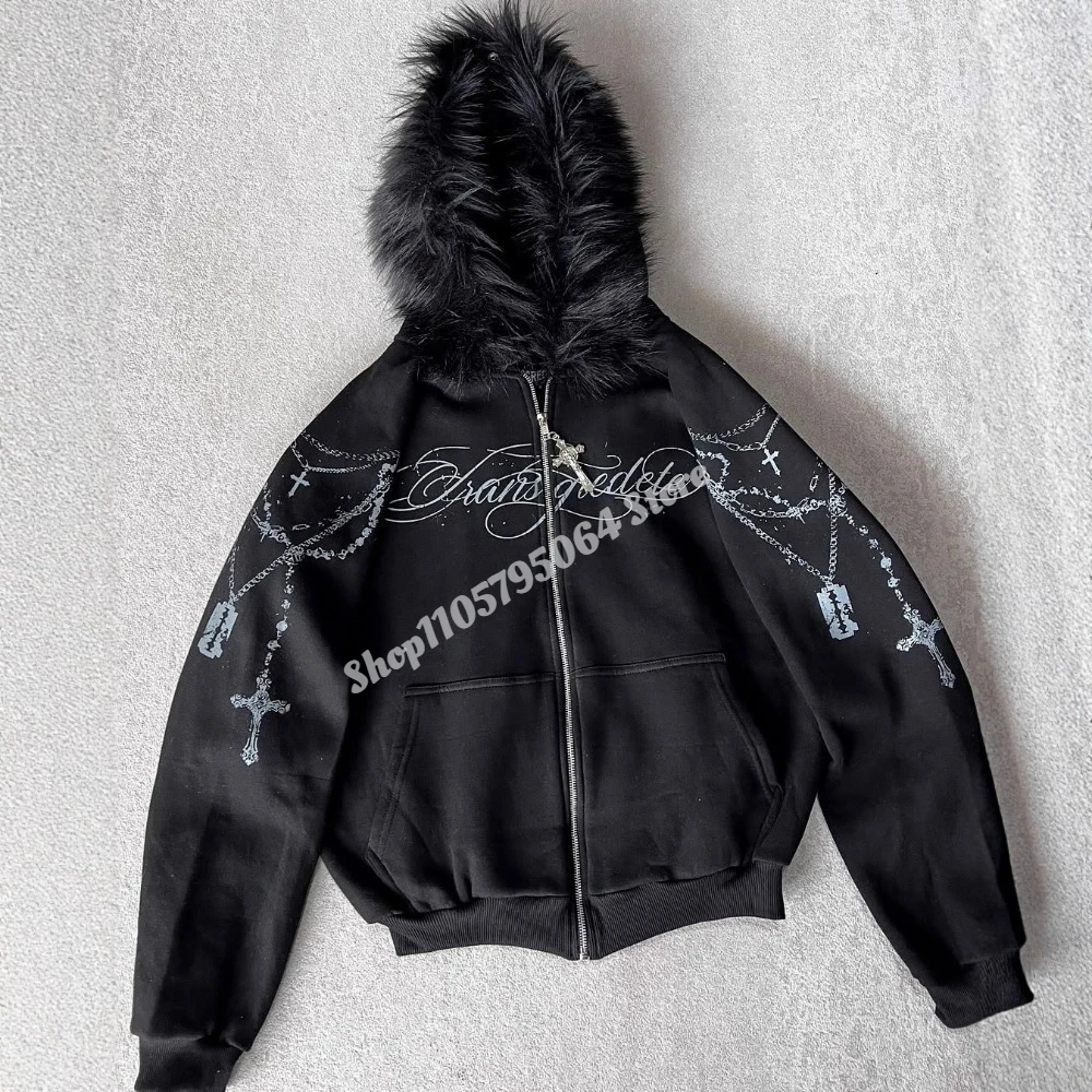 American Style Retro Fashion Streetwear Women's Gothic Punk Faux Fur Hooded Jacket Cross Print Trendy Edgy Zip - Up Sweatshirt