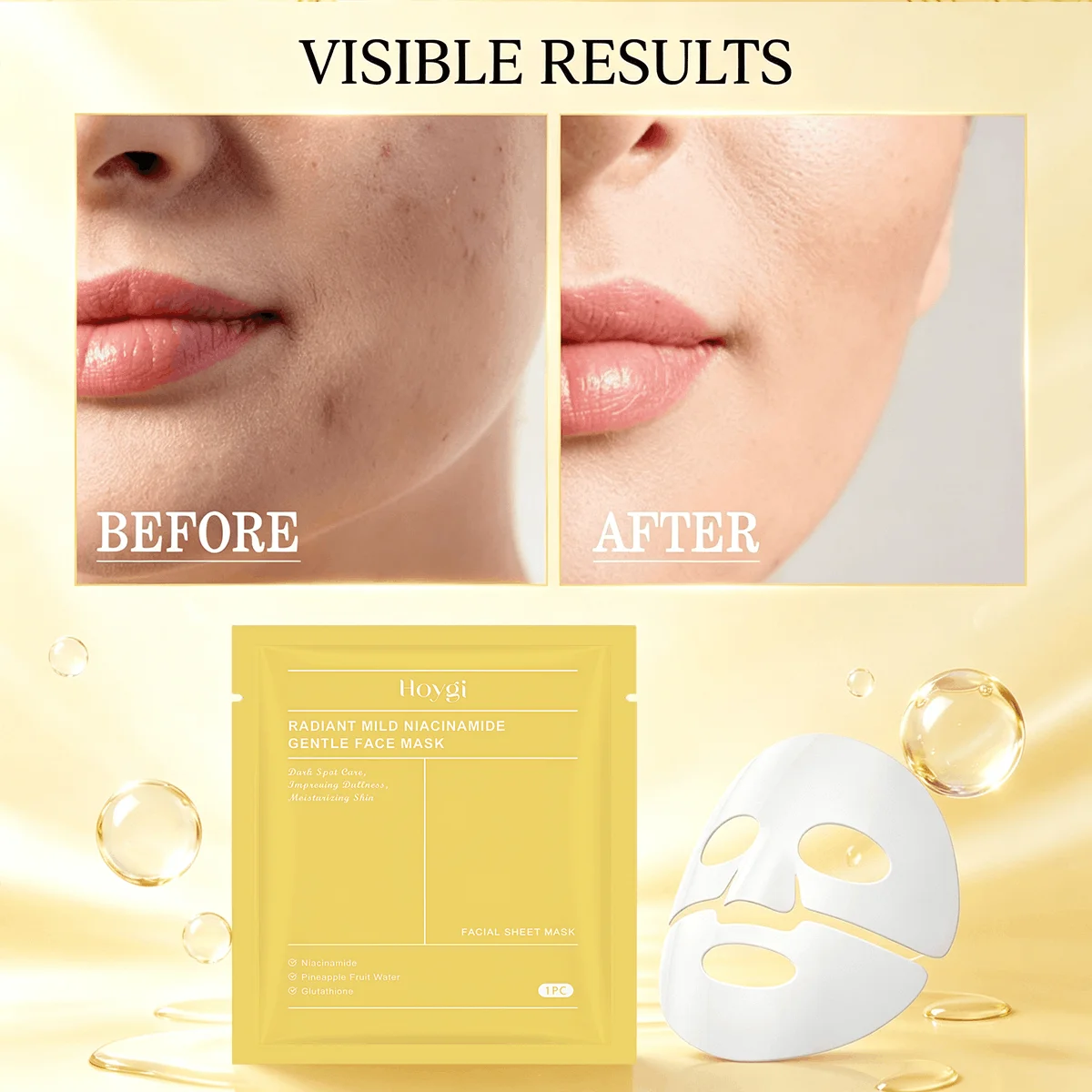 Collagen Niacinamide Facial Sheet Mask, Hoygi Radiant Mild Brightening Face Mask With Glutathione & Pineapple Fruit Water, Deep Moisturizing, Improve Dullness & Dark Spots, Hydrating Skin Care Mask For Daily Use - Image 4