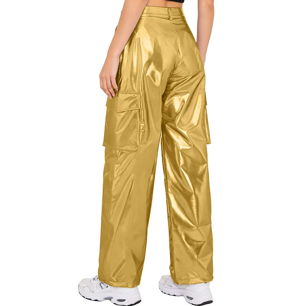 Plus Size Metallic Shiny Pocket Wide Legs with Zipper High Waist Gothic Club Straight Pants Music Party Show Womens Cargo Pants