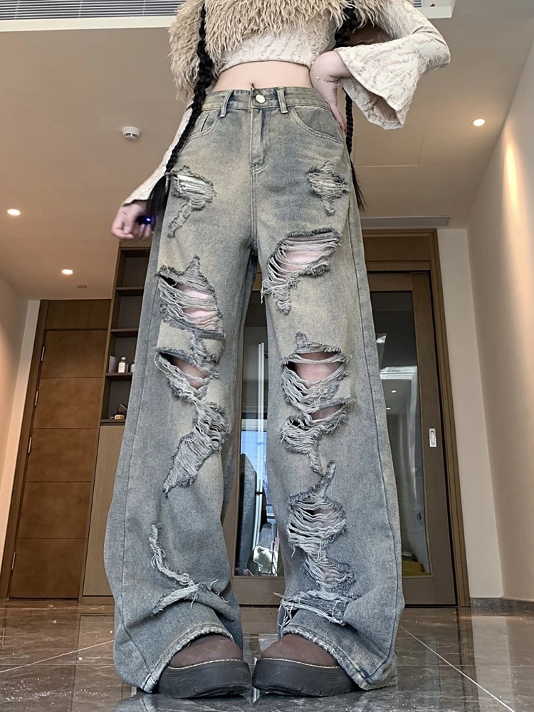 Y2K Hole Jeans Women Streetwear Vintage High Waist Loose Trousers Fall New Hip Hop Harajuku Bf Gothic Retro Wide Leg Denim Pant