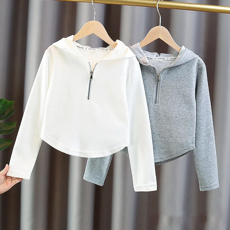 Girls Cotton Plain Hooded Half Zip Cropped Sweatshirt Jackets School Kids Track Pullover Jumper Children Work Coat Tops 3-16Yrs
