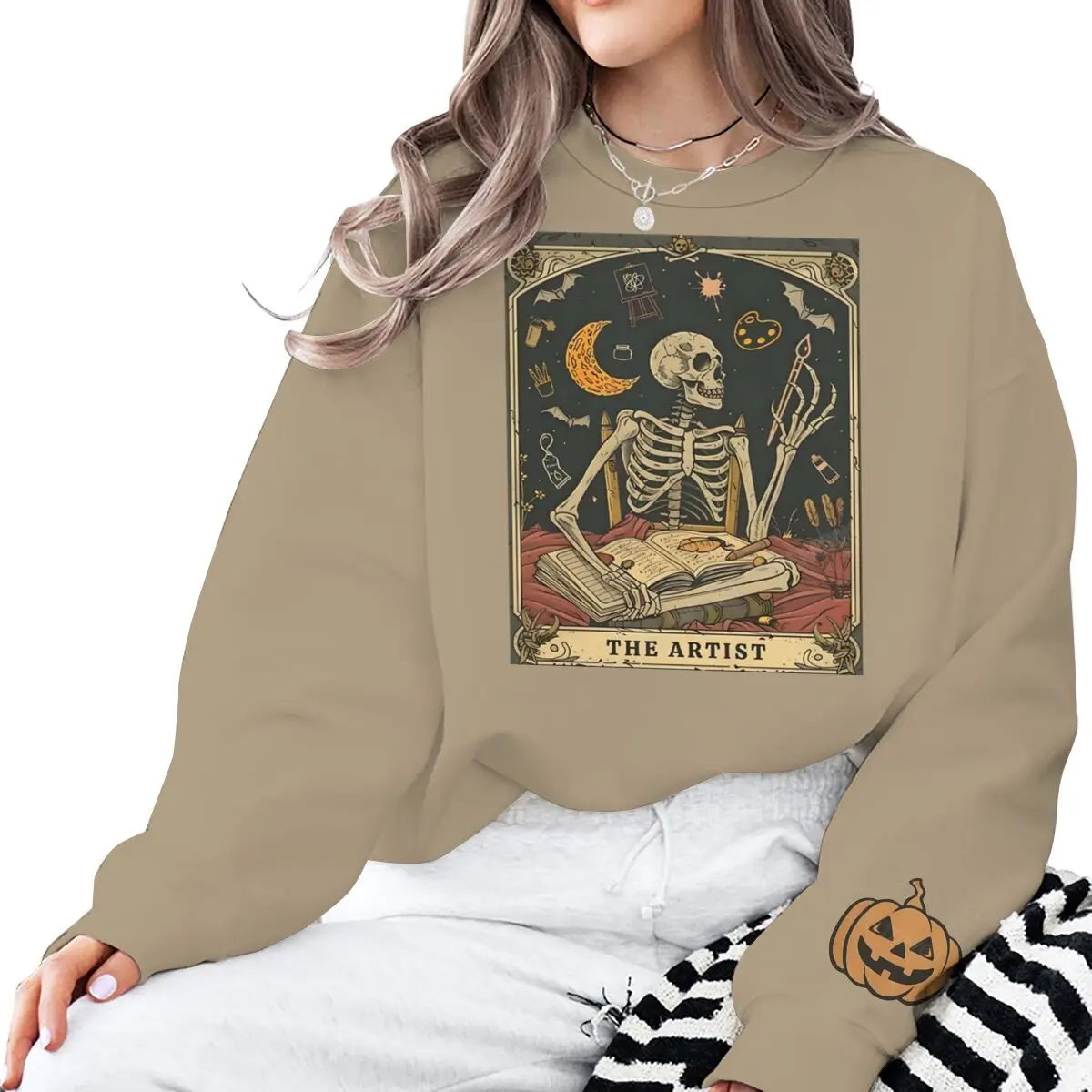Halloween Skeleton Lovers Card Print Sweatshirt Women's Crew Neck Spooky Season Tops Long Sleeve Vintage Halloween Sweatshirts