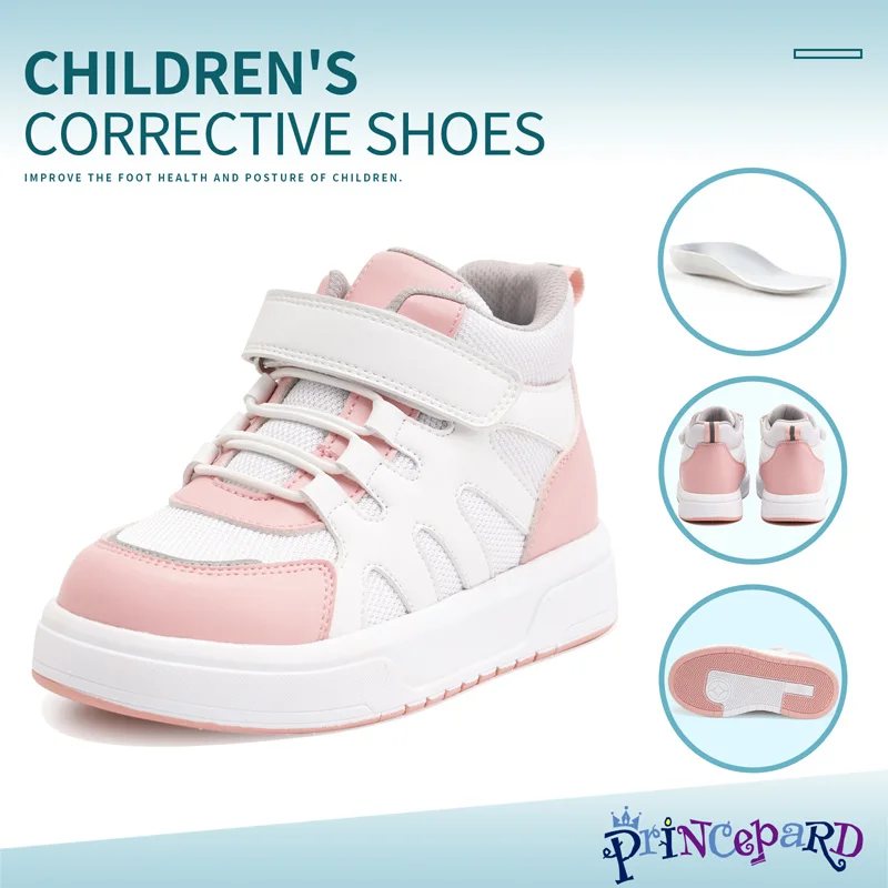 Princepard Kid Sneakers with Ankle Support Pink Blue Orthopedic Casual Shoes Boys Girls with Corrective Insole for Flat Feet