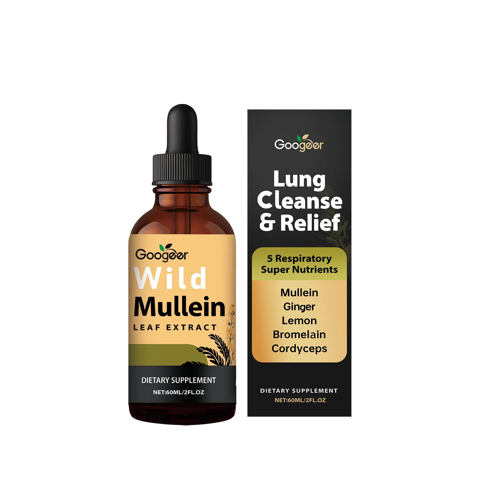Googeer Wild Mullein Leaf Extract Lung Cleanse Ginger Lemon Bromelain Cordyceps Herbal Drops Respiratory Support 60ml