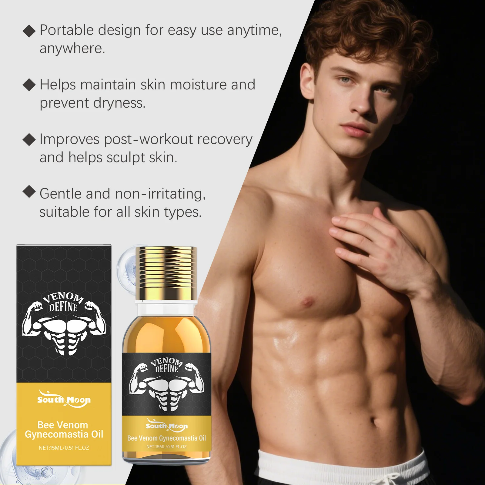 Bee Venom Gynecomastia Oil For Men Shaping Chest Muscle Contour Reduce Chest Sagging Breast Massage Serum Male Chest Tighten Oil - Image 6