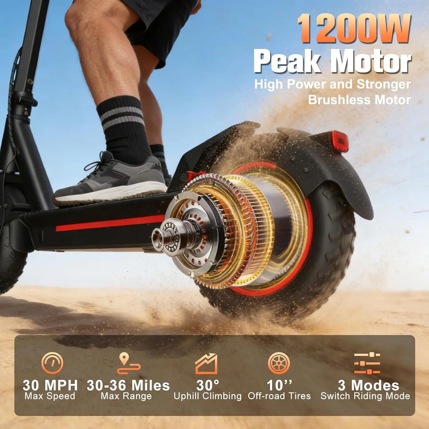 OBX Electric Scooter 1200W Motor for Adults 48V Battery 30mph Max Speed Up to 35Miles Range 10 Inch Tires - Image 2