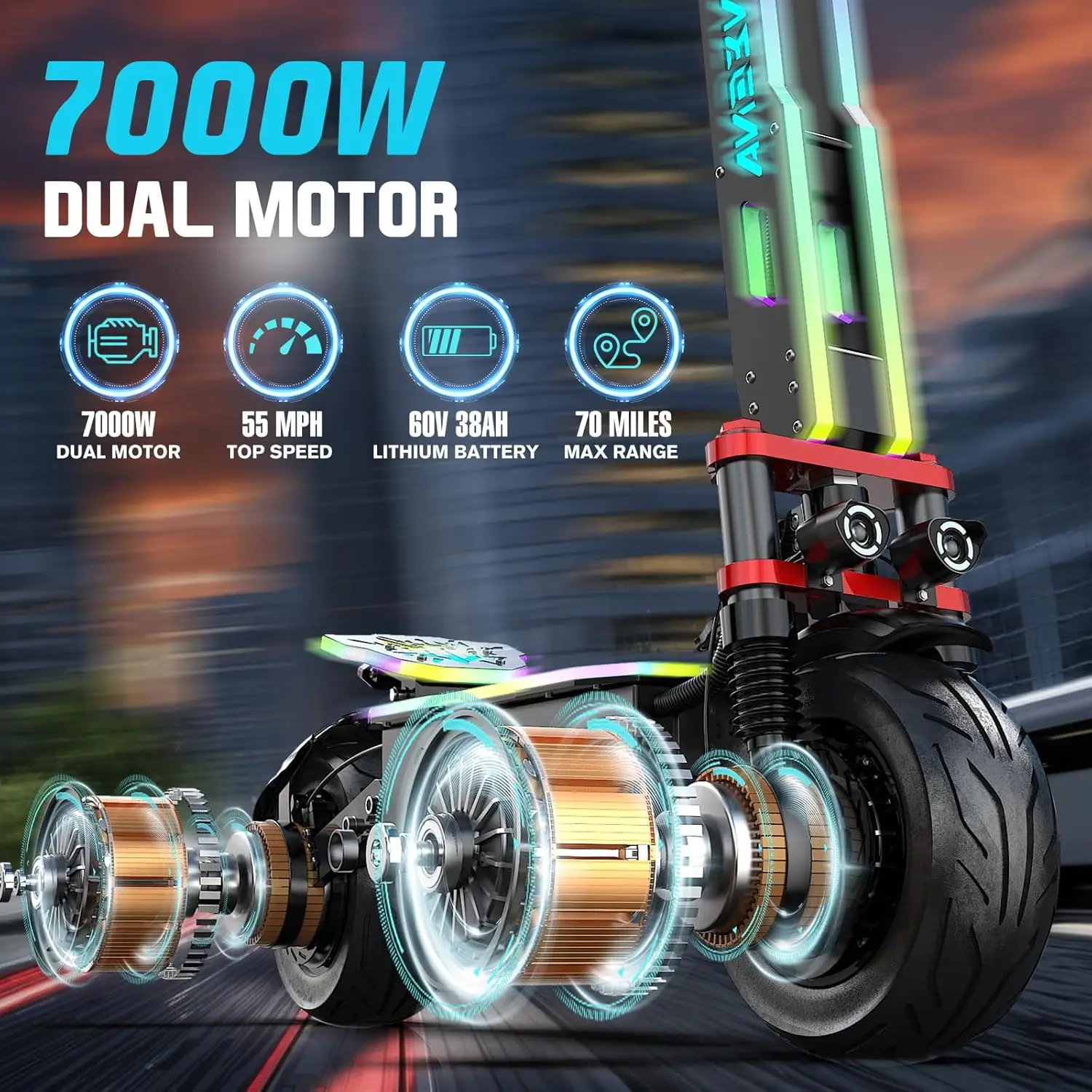ONECNA NEW GT9 7000W High-Performance Adult Electric Scooter with Dual Motor Drive, angel Eye Headlights, UL Certified Off-Road Scooter, Electric Bicycle, 55 MPH Top Speed, 60V Large Battery, 70 Mile Range, 12 inch Vacuum Tire - Image 7