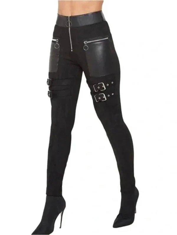 Dressfo New Women's Pants Gothic Leggings Solid Color O Ring Zipper Buckle Strap Skinny Leggings - Image 5