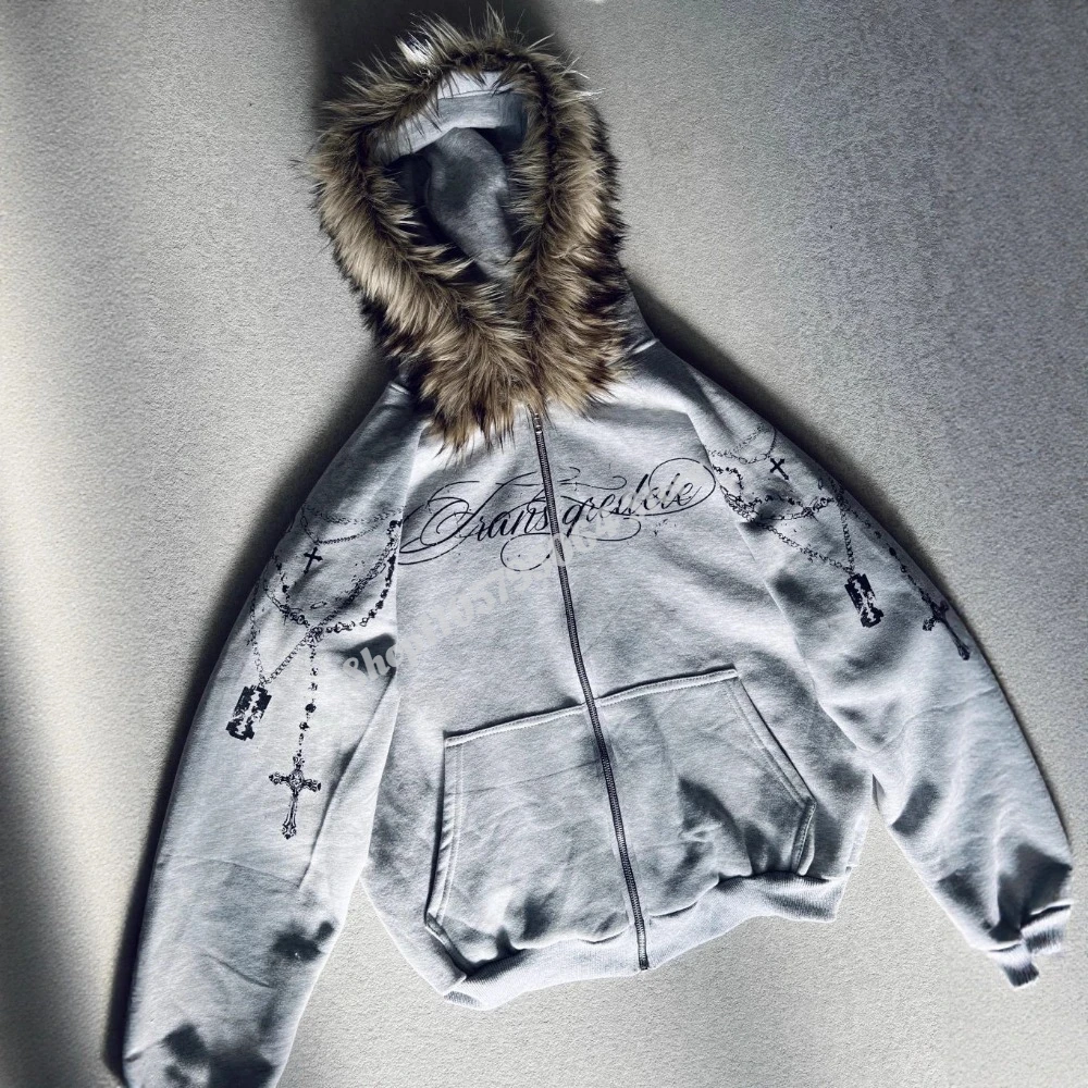 American Style Retro Fashion Streetwear Women's Gothic Punk Faux Fur Hooded Jacket Cross Print Trendy Edgy Zip - Up Sweatshirt - Image 3