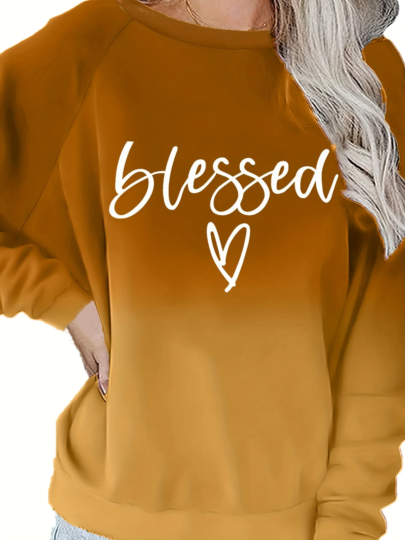 Ombre Gradient Blessed Letter Heart Print Curvy Women Crew Neck Sweatshirt, Raglan Sleeve Slight Stretch Pullover Top, Casual Spring Fashion Comfortable Versatile Long Sleeve Daily Outfit - Image 4