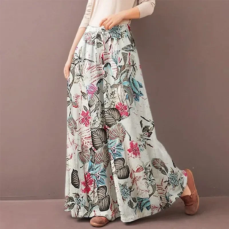 Floral Print Wide Leg Women Pants Spring Drawstring Bohemia Trousers Lady Casual Loose Elastic Waist Pantalonsw Plus Size - Image 5
