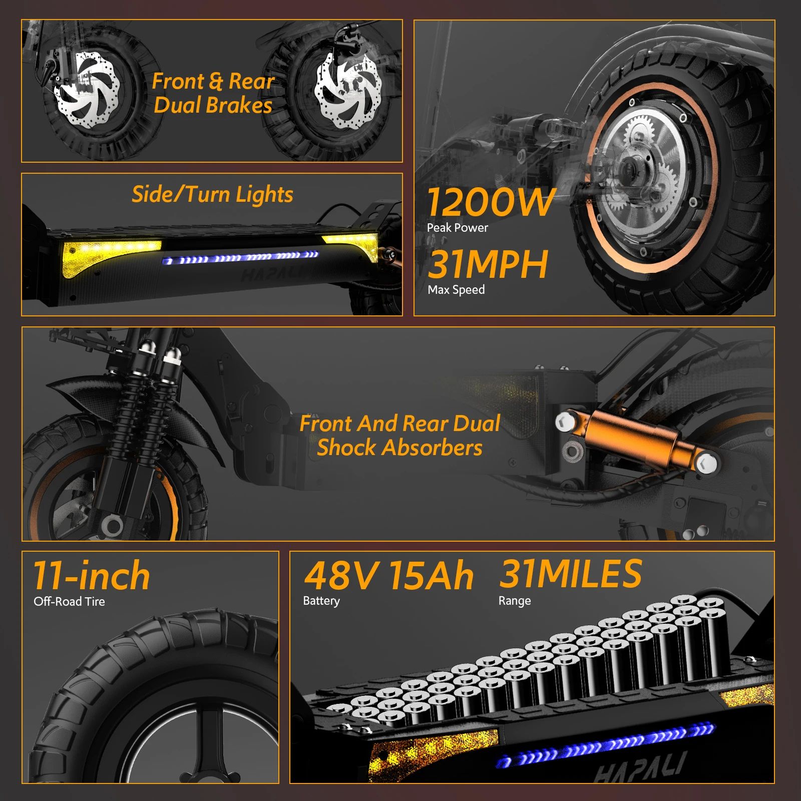 Off Road Electric Scooter, 1200W Motor, 31 Miles Range, 31 MPH, 11" All Terrain Tire, E-Scooter for Adults with Double Suspension & Side Light Disc Brakes - Image 2