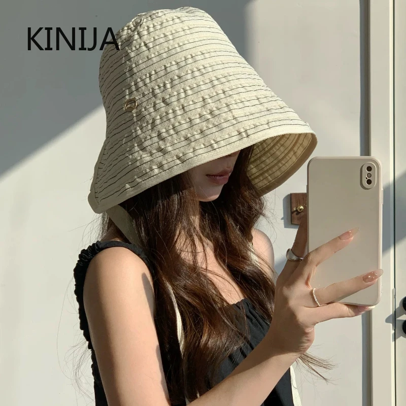 Fashion Ribbon Women Striped Fisherman Hat Wide Brim Foldable Summer Sun Hat Sun Protection Sunshade Hat Ladies Visor Cap Hiking - Image 5