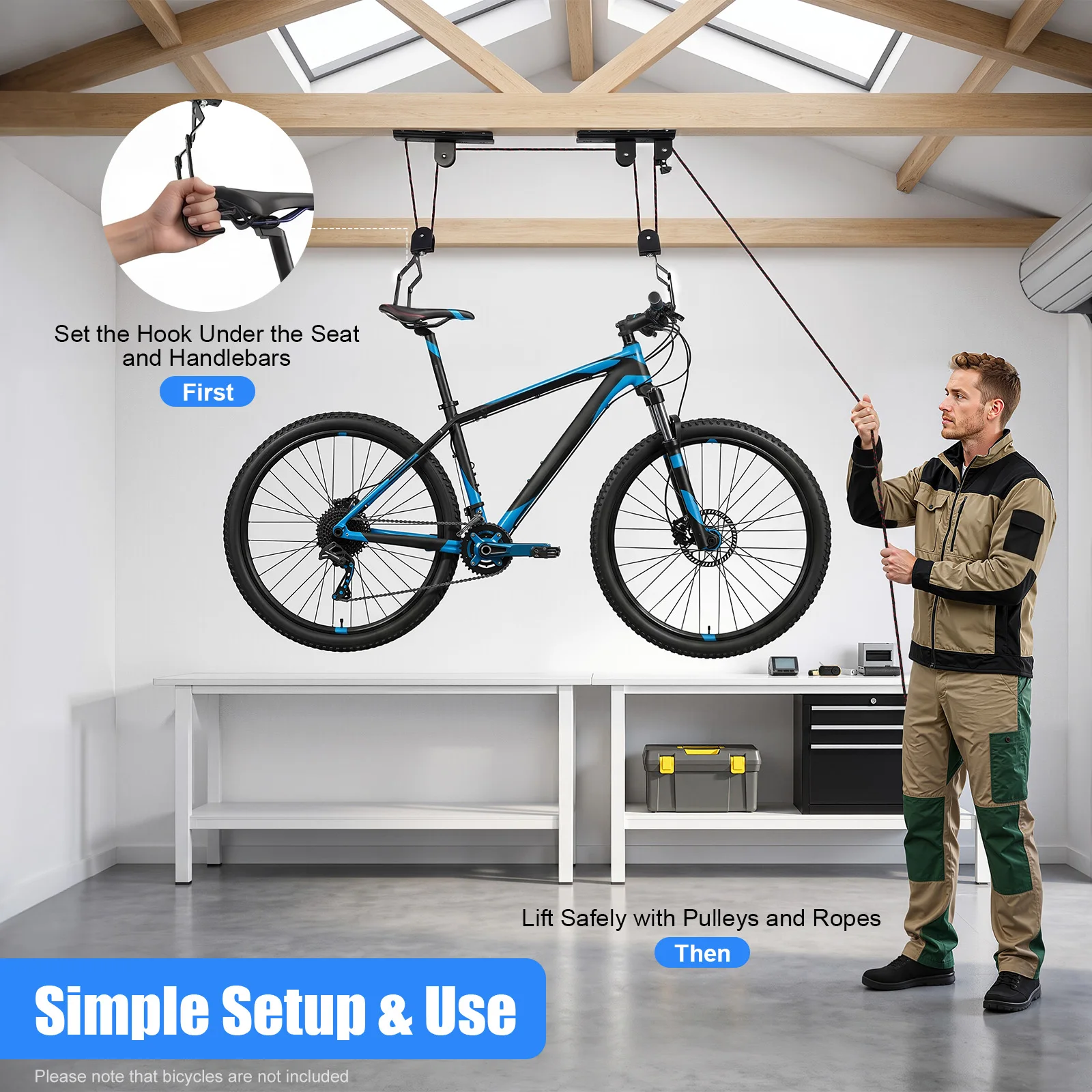 Bike Hoist for Garage Ceiling, Bike Car Carrier Rack, Bicycle Wall Mount Storage System, Pulley Lift, Coated Hooks, Safety Straps, Easy Install Ceiling Hanger for Mountain Bike Road Bike, Space Saving Organizer S Hook Rope - Image 3