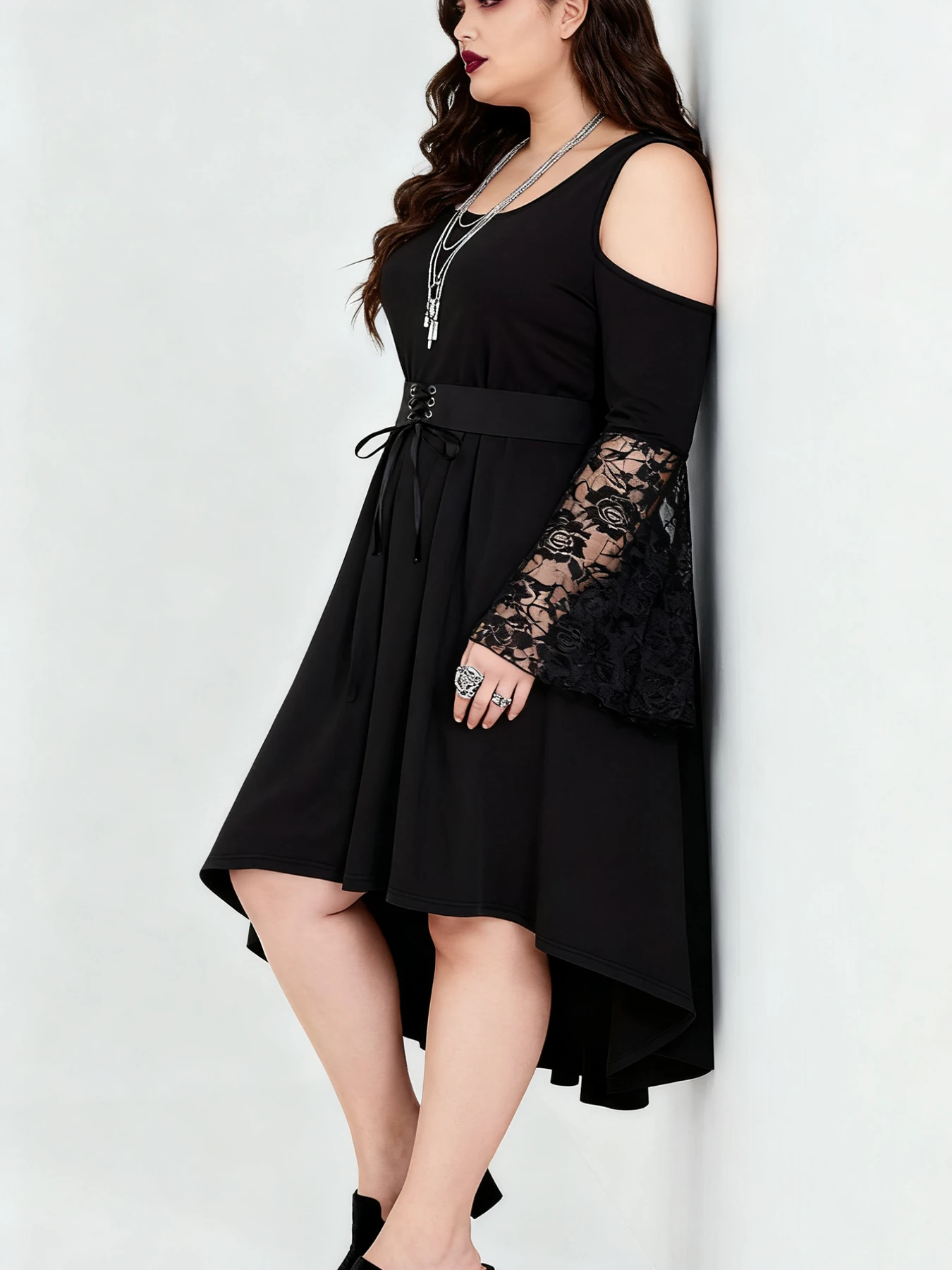 Plus Size Gothic Cold Shoulder Lace Bell Sleeve Midi Dress, Criss Cross Lace Up Waist Asymmetrical High Low Hem Long Sleeve - Image 3
