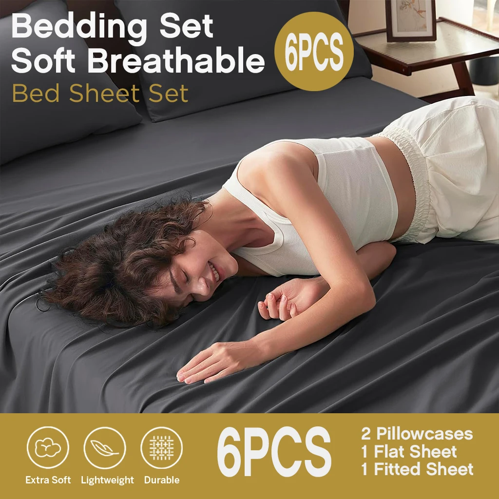 6pcs Bedding Set Soft Breathable - 2 Pillowcases 1 Flat Sheet 1 Fitted Sheet - Bed Sheet Set