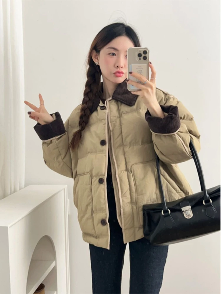 Korean Fashion Puffer Parka Women Contrast Collar Big Pocket Thick Warm Oversized Loose Fit Winter Coat Casual Daily Outfit 2026 - Image 6