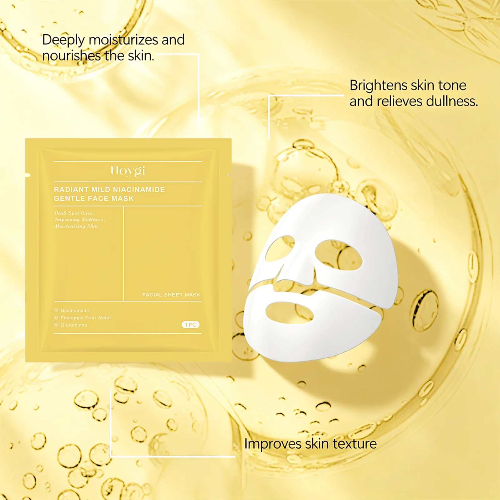Collagen Niacinamide Facial Sheet Mask, Hoygi Radiant Mild Brightening Face Mask With Glutathione & Pineapple Fruit Water, Deep Moisturizing, Improve Dullness & Dark Spots, Hydrating Skin Care Mask For Daily Use